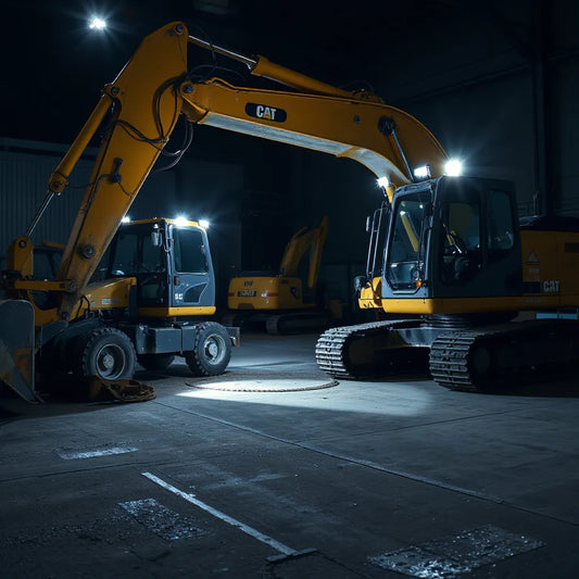 Excavator and workshop machinery lit by bright LED work lights for safer nighttime operation