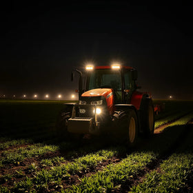 Tractor and farm machinery on a dark field illuminated by modern agricultural LED work lights