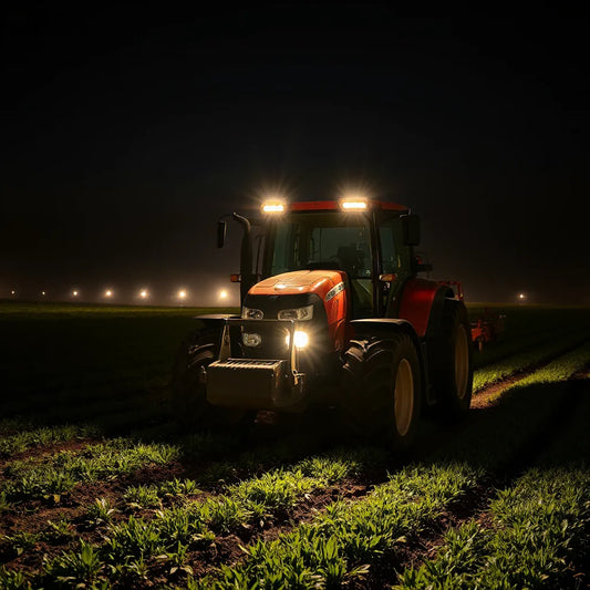 Tractor and farm machinery on a dark field illuminated by modern agricultural LED work lights