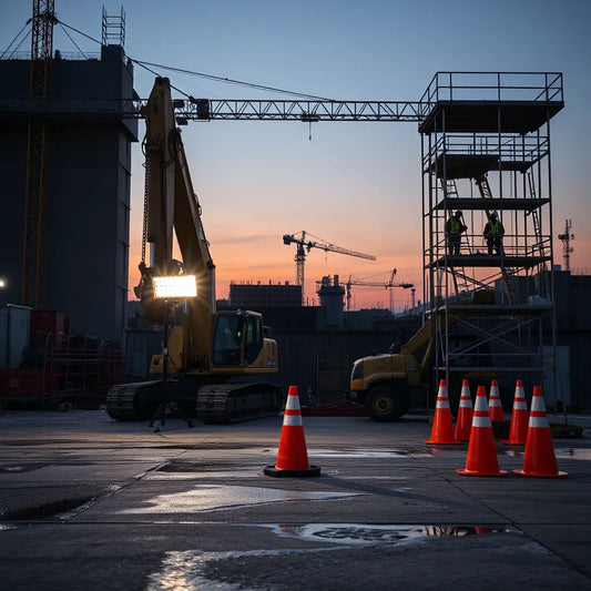 Bright LED lights illuminate a construction site at dusk, improving visibility on equipment and work areas