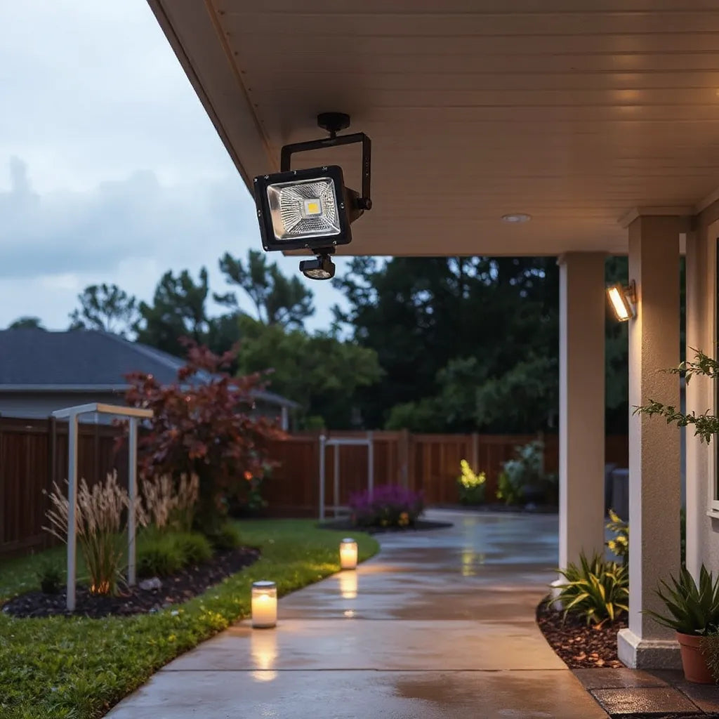 Weatherproof LED floodlights under an outdoor eave illuminating a rain-damp driveway at dusk