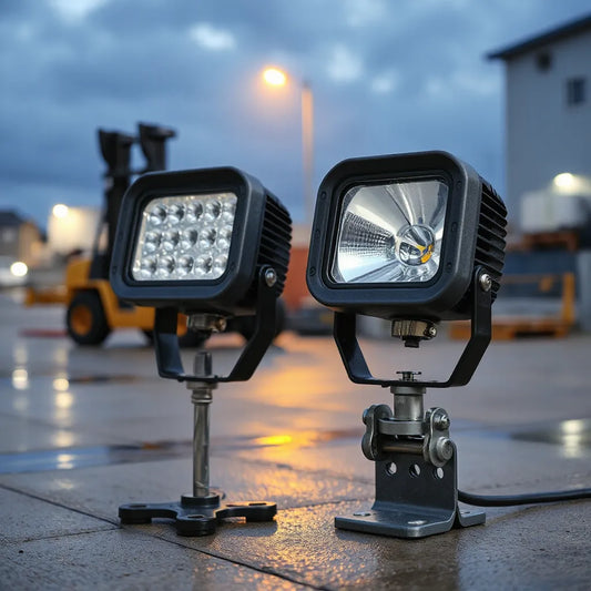 Rugged heavy-duty LED work lights with weatherproof housing mounted on industrial equipment