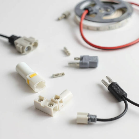 Assorted waterproof LED connectors, heat-shrink sleeves, and terminal blocks arranged on a workbench with LED wire leads.