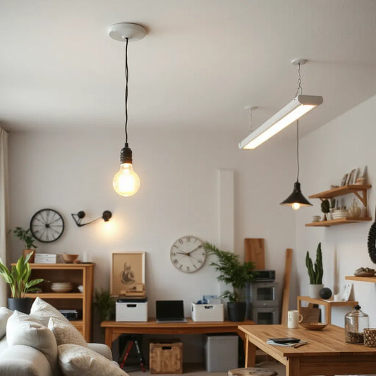Energy-efficient LED fixtures illuminating a modern home and workshop ceiling