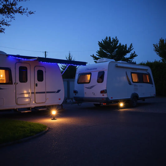Caravan and trailer with warm white and blue LED lighting for improved night visibility