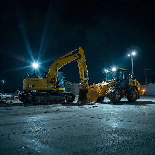 Excavator at a nighttime construction site with bright LED work lights illuminating the area