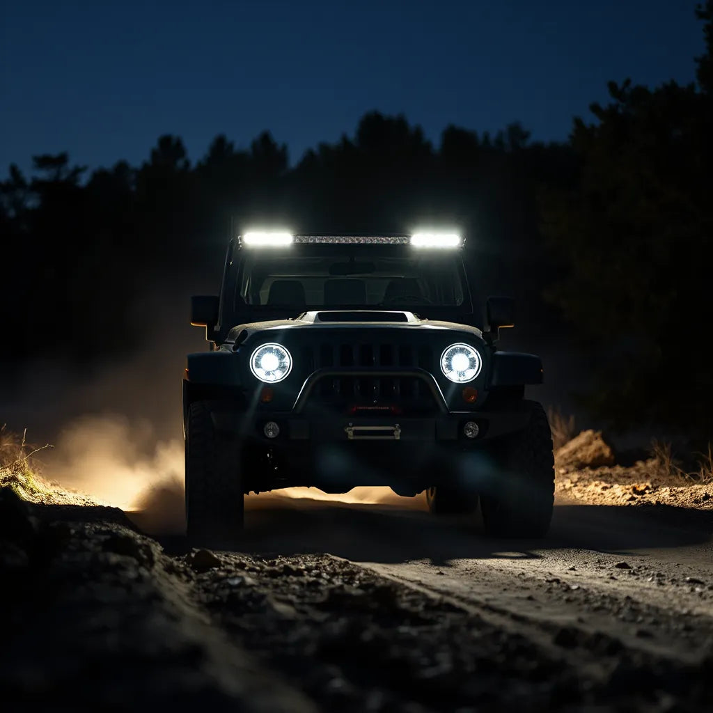 Off-road 4x4 with illuminated LED light bars projecting beams on a dark trail