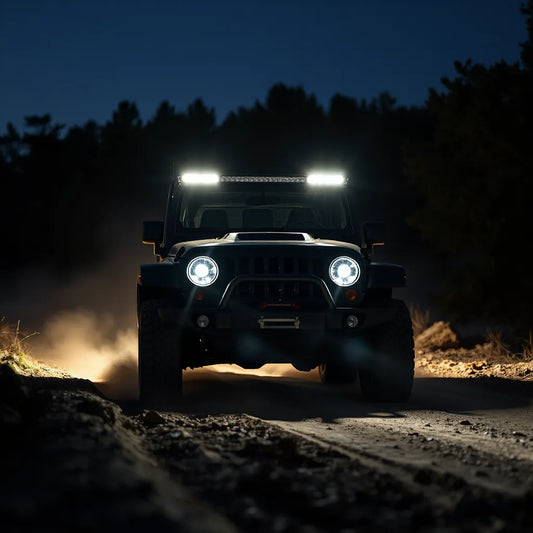 Off-road 4x4 with illuminated LED light bars projecting beams on a dark trail