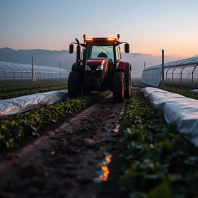 Tractor and greenhouse rows illuminated by modern LED fixtures for night agricultural work