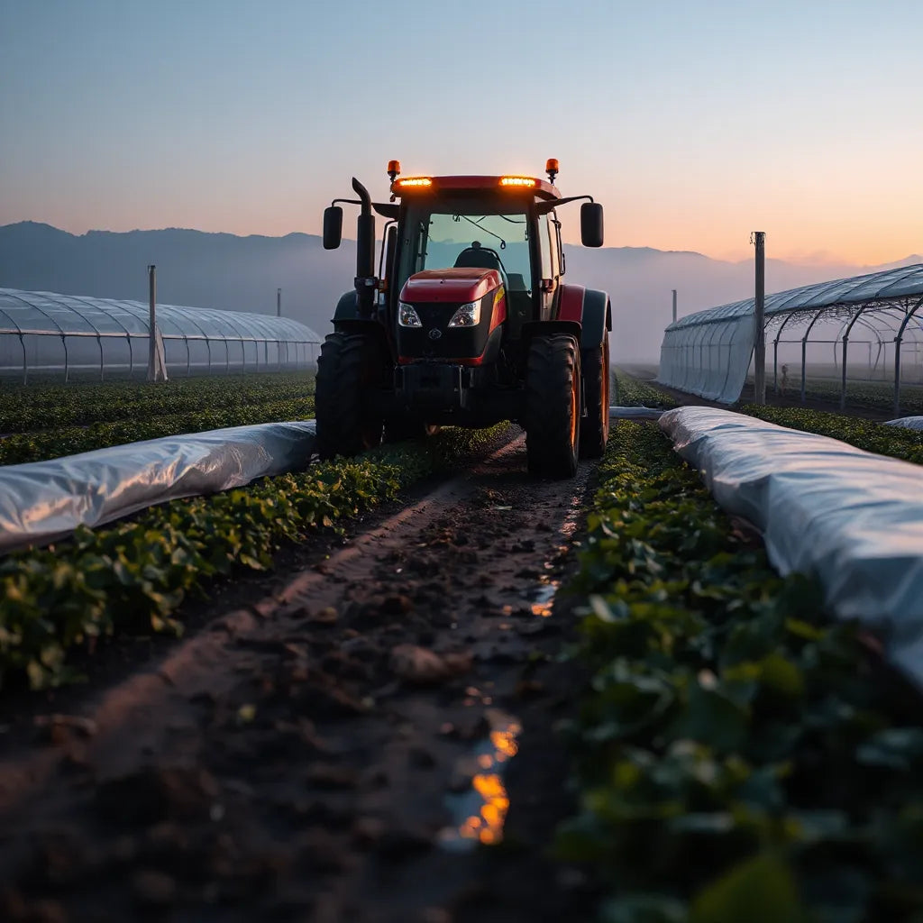 Tractor and greenhouse rows illuminated by modern LED fixtures for night agricultural work