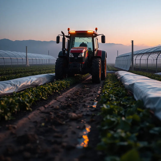 Tractor and greenhouse rows illuminated by modern LED fixtures for night agricultural work