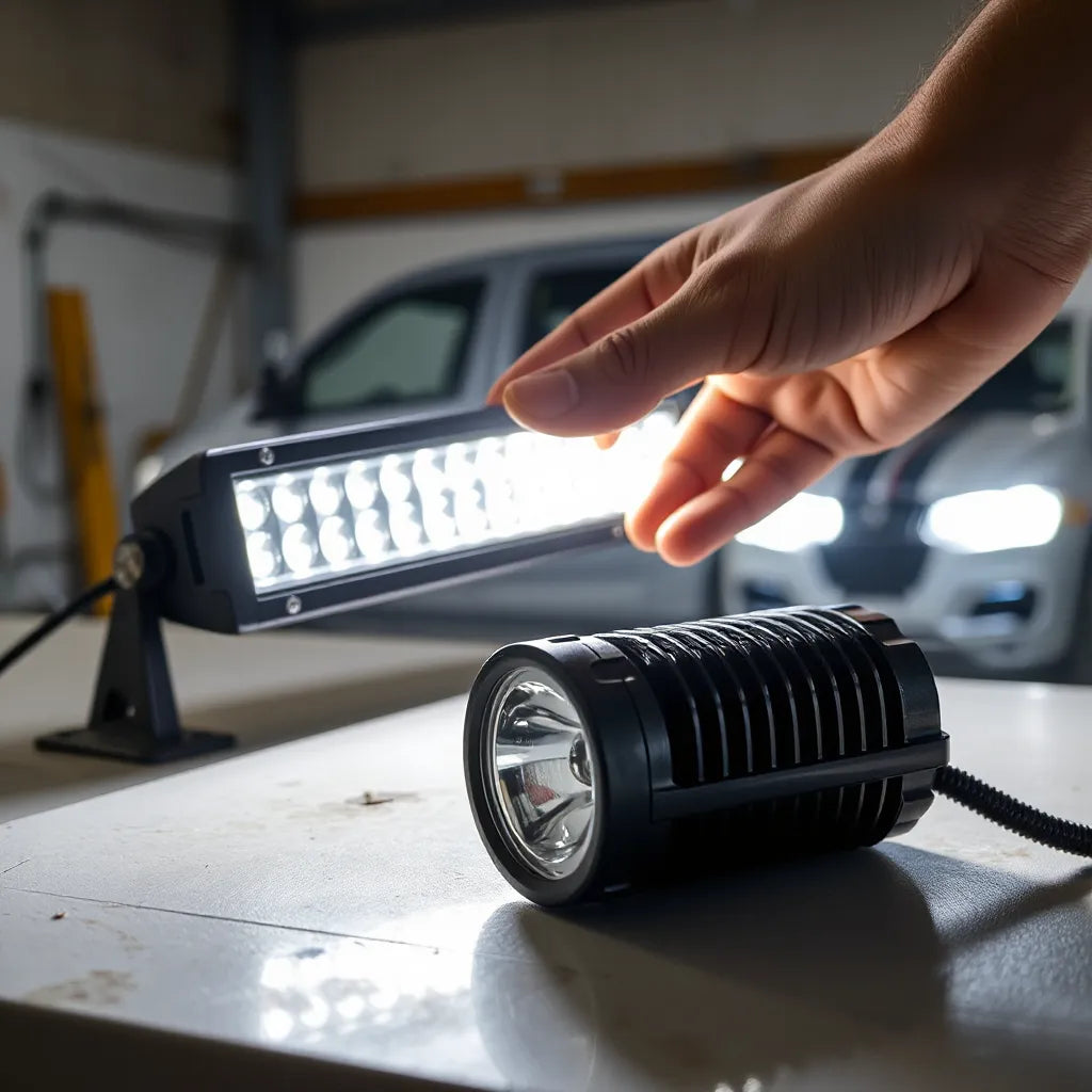Premium LED light and light bar on a workbench with cool white glow and visible heat sink details