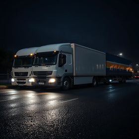 White delivery van and large lorry with bright LED headlights parked on wet road at night