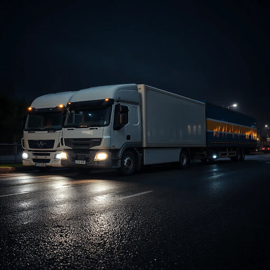 White delivery van and large lorry with bright LED headlights parked on wet road at night