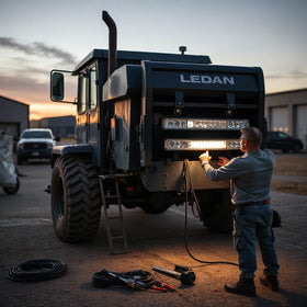 Technician mounting an adjustable LED light kit on heavy machinery with modular brackets and routed wiring