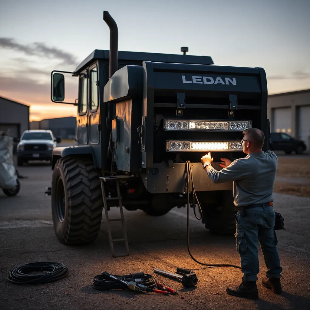 Technician mounting an adjustable LED light kit on heavy machinery with modular brackets and routed wiring