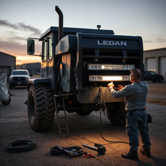 Technician mounting an adjustable LED light kit on heavy machinery with modular brackets and routed wiring