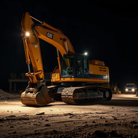 Excavator with bright LED work lights illuminating a night construction site