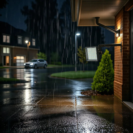 Weather-resistant outdoor LED lights shining over a wet driveway in rainy conditions