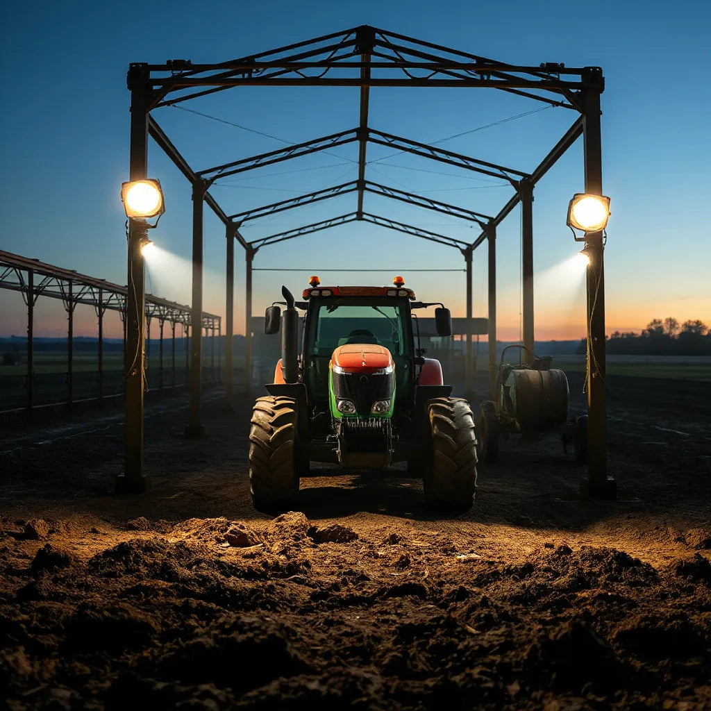 LED floodlights lighting up farm equipment and a tractor during dusk work