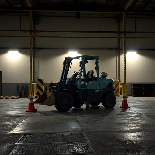 Illuminated LED work lights on industrial plant machinery in a workshop, brightening the work area safely