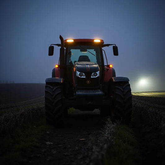 Tractor with bright LED work lights illuminating the field at dusk