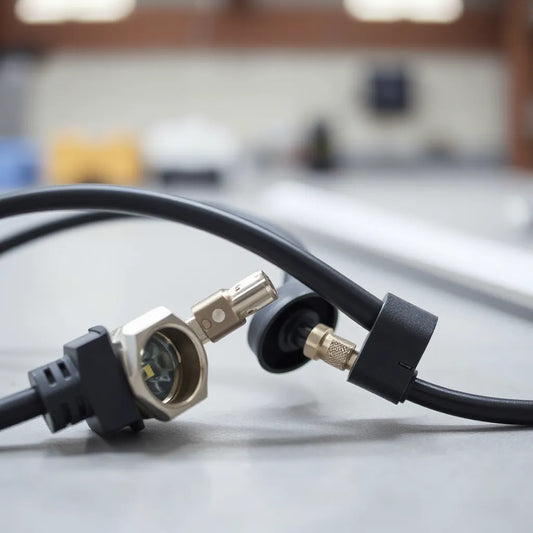 Durable LED connector plugs securely mated with insulated wiring on a clean workbench