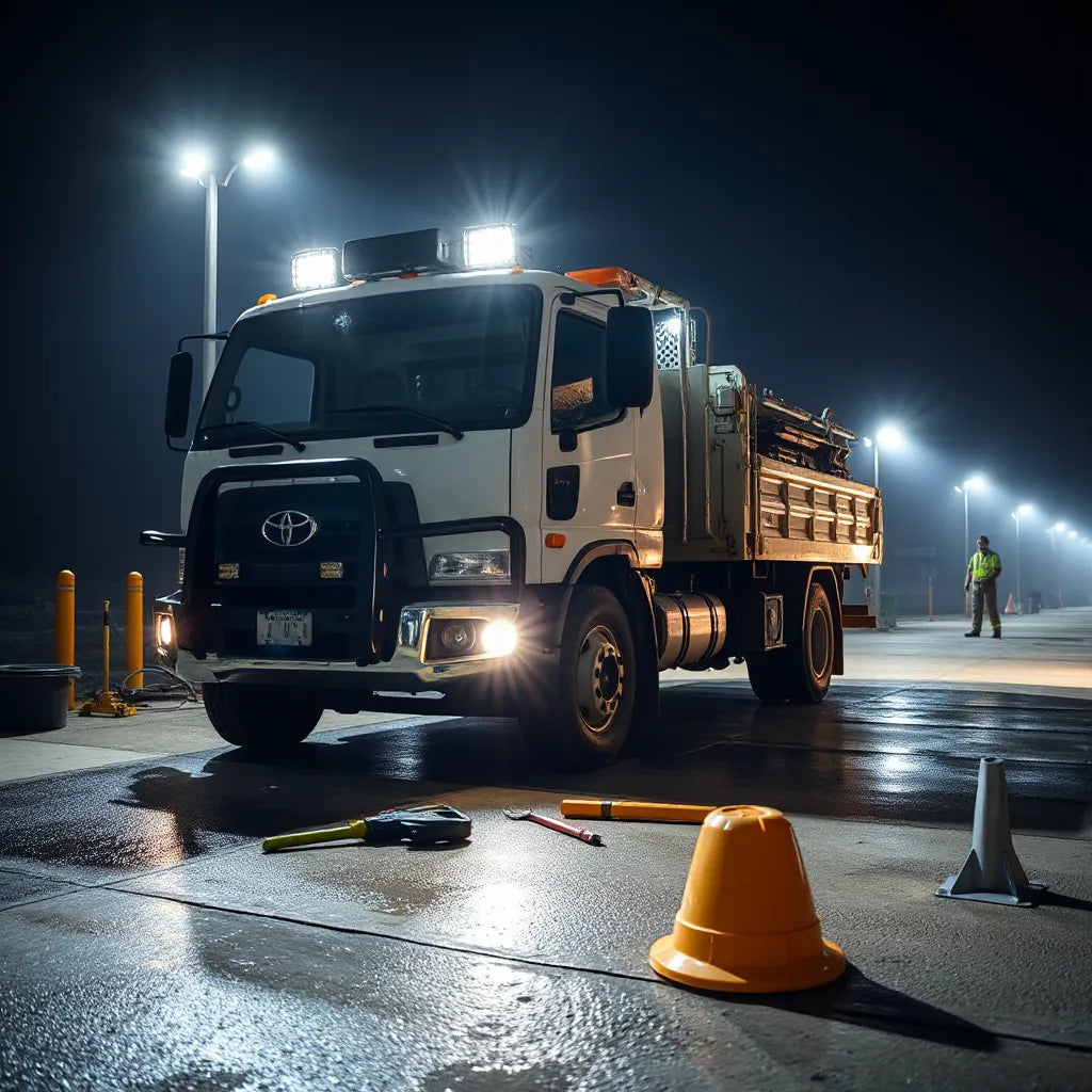 Bright LED work lights illuminate a dark jobsite with tools and a high-visibility worker at night