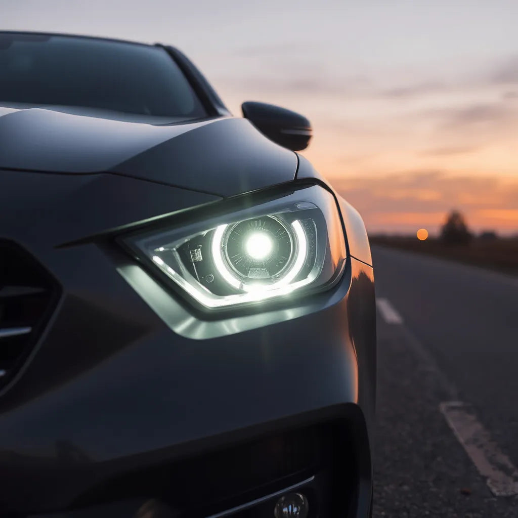 Modern vehicle with bright LED headlights showing improved nighttime road visibility