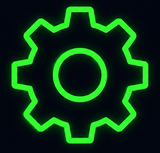 A bright green glowing outline icon of a gear or settings symbol centered on a solid black background.