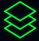 A bright neon green icon of three stacked diamond-shaped layers centered on a solid black background.